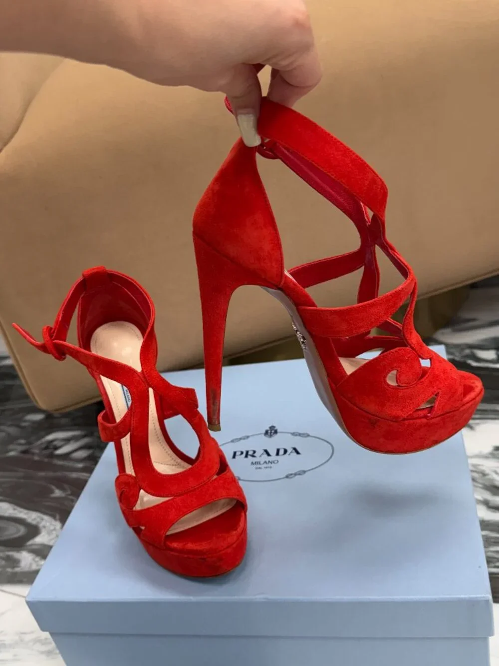 Prada Red Suede Platform Heels Strappy Sandals Stiletto Ankle Strap Size 37 - Picture 6 of 14